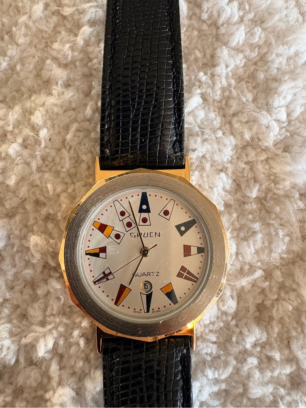 Gruen Ladies Watch Vintage Two Tone Flags Face Black Leather Band Collectible